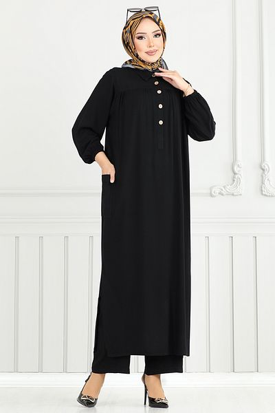 ModaMerve Half Button Viscose Suit 6061Uz1029-M Black