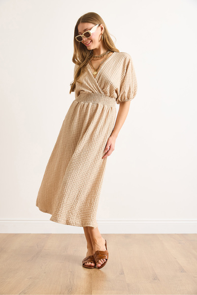 Olalook Γυναικείο φόρεμα Camel Waist Gipeli με διπλό γιακά Midi ELB-19002100