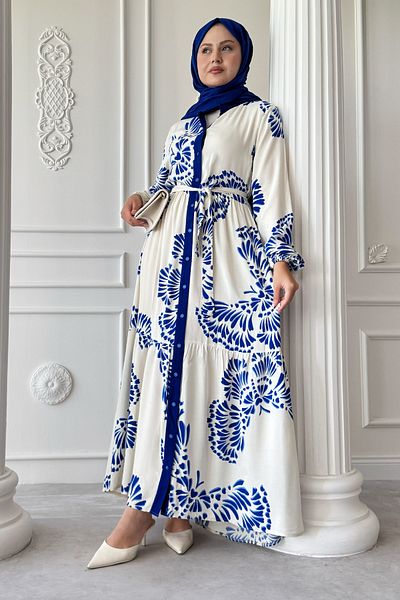 InStyle Wavy Leaf Pattern Blue Viscose Dress
