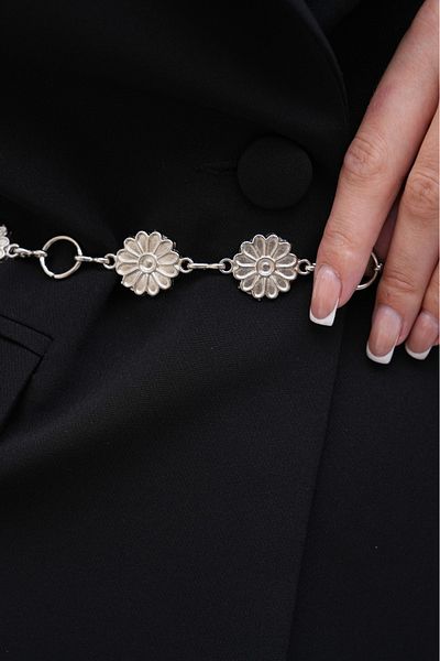 MODAM HİFA Silver Detailed Chain Belt Women's Belt Dress Belt Shirt Belt Jacket Belt