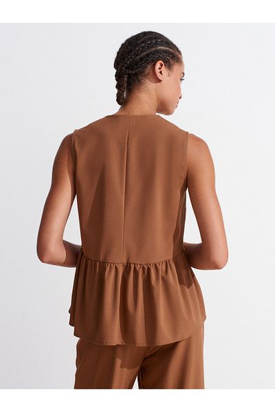 Dilvin 50508 Buttoned Sleeveless V Neck Blouse-Tan