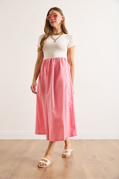 Olalook Γυναικείο εκρού Candy Pink γαρνιρισμένο κοντομάνικο μίντι φόρεμα ELB-19002366