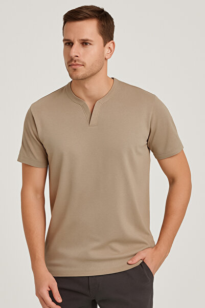 UOMOPARK 2124 Henley Tişört Kahverengi Düğme Detaylı Basic Casual T shirt