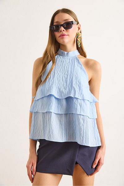 Olalook Γυναικεία μπλούζα με γιακά μπλε Halter BLZ-19003040