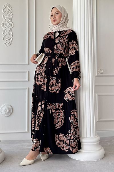 InStyle Wavy Leaf Pattern Brown Viscose Dress