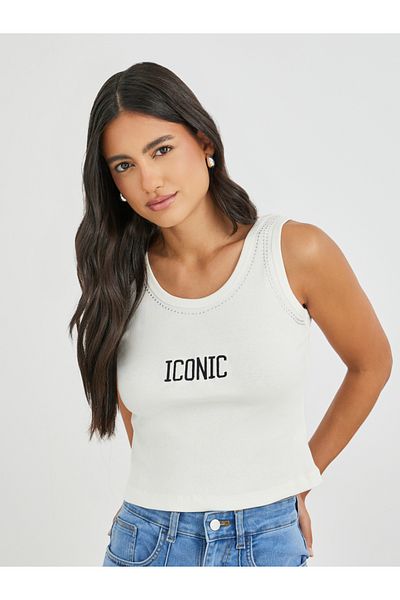 Styli Slogan Embroidered Ribbed Fitted Tank Top with Rhinestone Detail