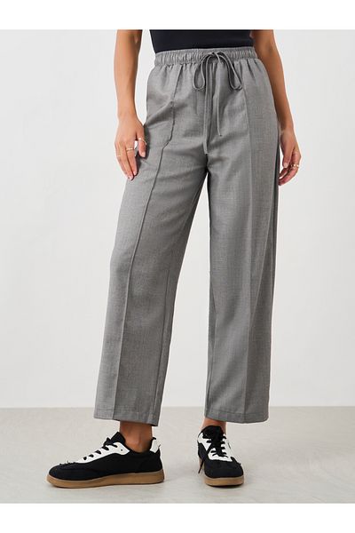 Styli Solid Pintuck Detail Tapered Fit Pants with Elasticated Waistband