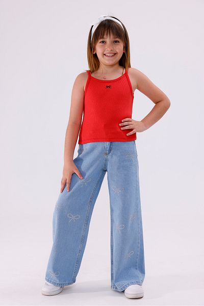 GİYİCEM TEKSTİL Girl's Bow Stone Denim Trousers 2207