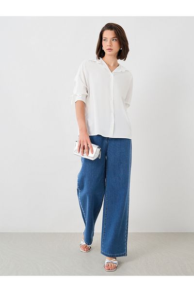 Styli Solid Spread Collar Buttoned Shirt with Sleeve Tie-Up Detail