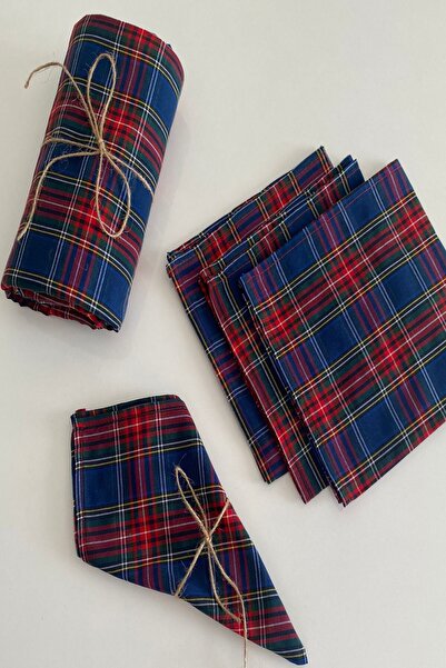 zarafet concept Lacivert Iskoç, Masa Örtüsü, Peçete, Piknik Seti 5 Parça,