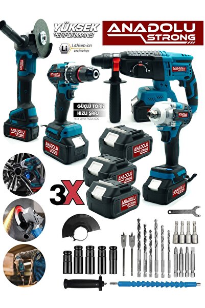 Anadolu Strong Kömürsüz 6'lı Set 5 Akülü Somun Sökme-Taşlama-Darbeli Vidalama-Dal Budama & Kademeli