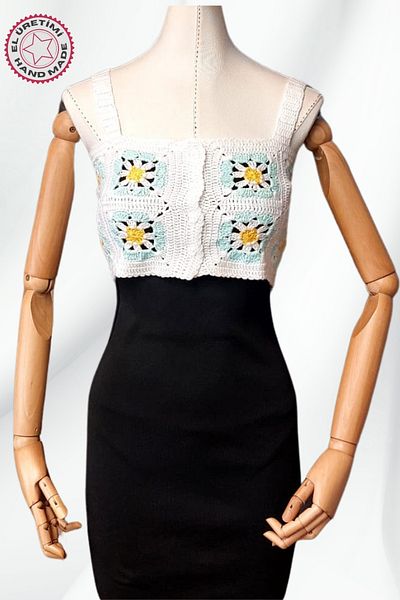 Uretti - Star 7202 4612 Hand Knitted Summer White Women's Bustier / Crop Blouse - 36/38/40 - Turquoise
