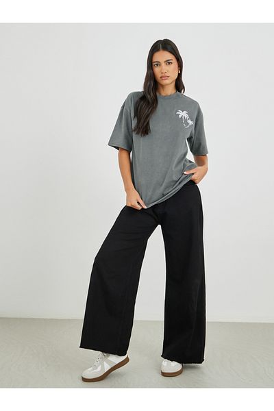 Styli Palm Embroidered Acid Washed Oversized T-Shirt