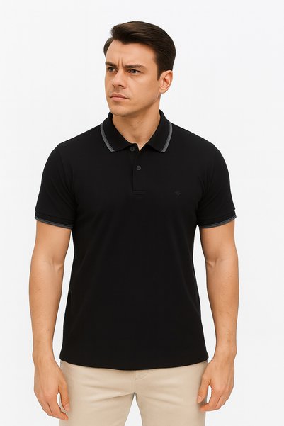 Generic Brand Navy Blue 2118 Premium Striped Polo Neck Regular Fit Men's T-Shirt