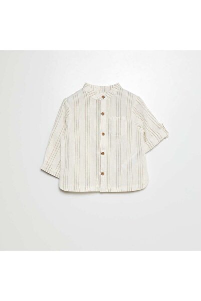 KIABI قميص بياقة ماندرين وأكمام مطوية باللون الأبيض