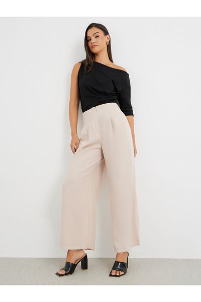 Styli Solid High Rise Pleated Wide Leg Pants