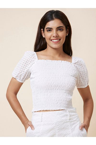 Globus By Styli Textured Smocked Puff Sleeve Crop Top