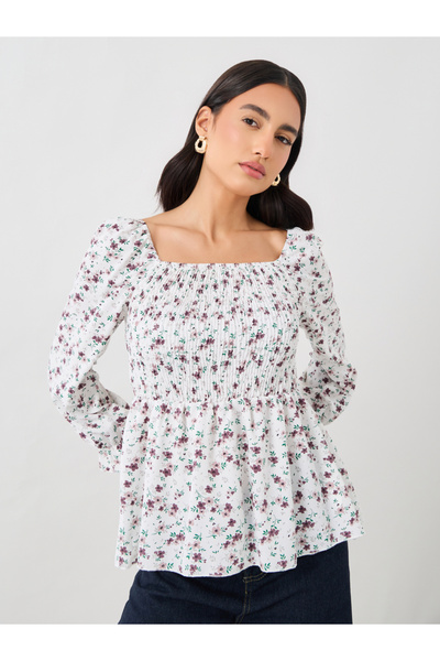 Take Two By Styli Ditsy Print Puff Sleeve Smocked Detail Blouse