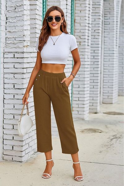 COTTONLAB Women's Elastic Waist Button and Pocket Detailed Capri Imported Linen Trousers