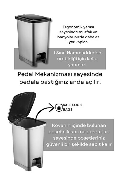 Mutfak Köşesi Vastbin 40L Pedal Gray Bathroom-Kitchen Trash Can with Black Lid Slim Design