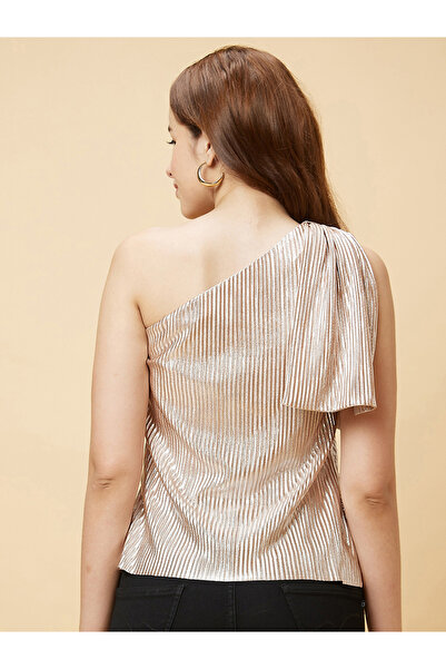 Globus By Styli Women Beige Solid One Shoulder Pleated Top