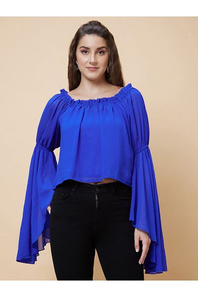 Globus By Styli بلوزة سادة بأكمام جرسية ورقبة مربعة مجمعة
