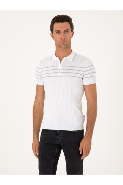 Cacharel Beyaz Slim Fit %100 Pamuk Fermuarlı Polo Yaka Triko T-shirt 50300821-VR013
