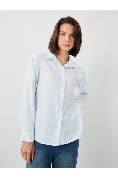 Styli قميص مخطط بأكمام طويلة وياقة واسعة ومقاس كبير