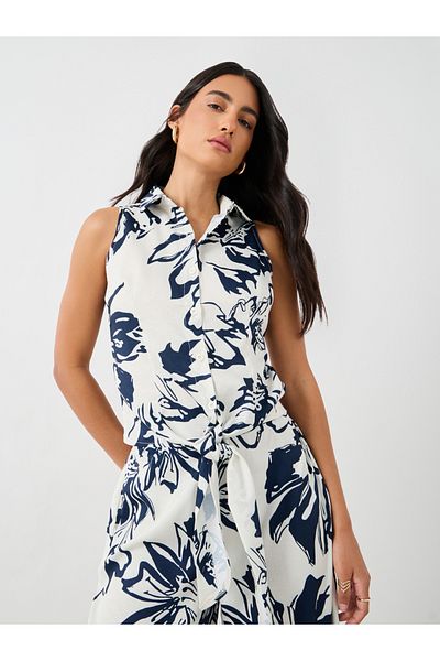 Styli Printed Sleeveless Resort Collar Shirt with Tie-Up Detail