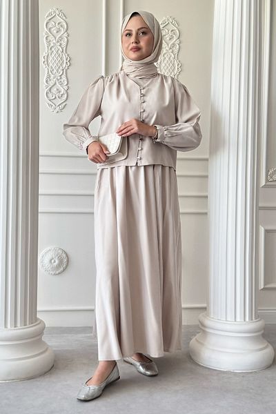 InStyle Πέτρινο κοστούμι με λεπτομέρεια με ελαστικό κουμπί και φούστα