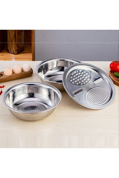 K KATHODE Stainless Steel Bowl With Strainer And Grater 3 In 1, 28Cm