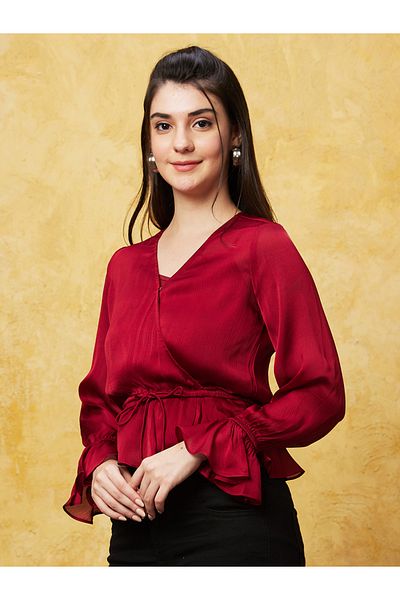 Globus By Styli Solid Satin Wrap V-Nceck Ruffled Sleeves Top
