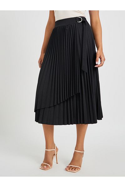 Styli Pleated Wrap Belted A-Line Midi Skirt