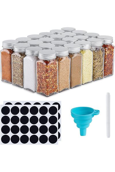 Saharaz 24 Glass Spice Jars with w/3 Types of Labels,White Paint Pen & Silicone Collapsible Funnel Included