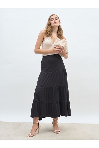 Styli Solid Knitted Tiered Maxi Skirt with Elasticated Waistband