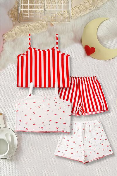 Beniizle Cherry and Striped Strap Top, Shorts 2-Piece Girls' Pajama Set