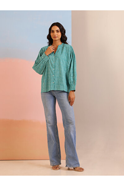 Sanskrutihomes By Styli Women Striped Panelled Long Sleeve Cotton Shirt