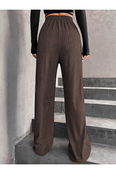 Take Two By Styli Women Brown Textured Drawstring Waist Wide Leg Pants