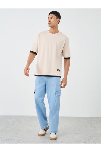 Styli Contrast Trim Pure Cotton Oversized T-Shirt with Badge Detail