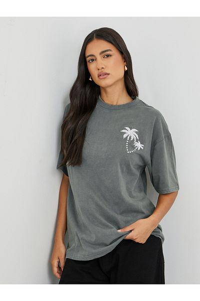 Styli Palm Embroidered Acid Washed Oversized T-Shirt