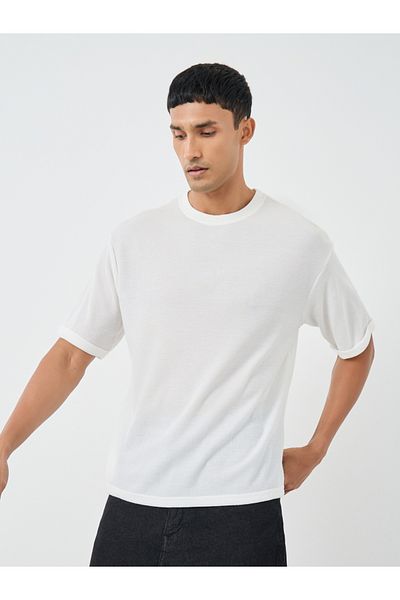 Styli Waffle Knit Oversized T-Shirt with Turn-Up Sleeves