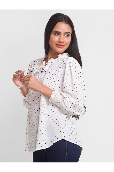 Globus By Styli Polka Dots Tie-Up Neck Balloon Sleeve Top