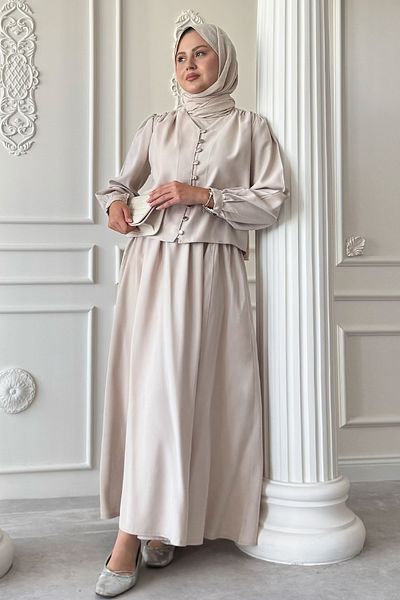 InStyle Πέτρινο κοστούμι με λεπτομέρεια με ελαστικό κουμπί και φούστα