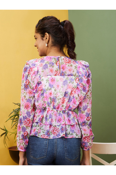 Globus By Styli Floral Printed V-Neck Puff Sleeve Ruffled Top
