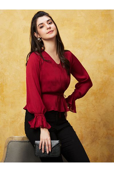 Globus By Styli Solid Satin Wrap V-Nceck Ruffled Sleeves Top
