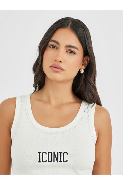Styli Slogan Embroidered Ribbed Fitted Tank Top with Rhinestone Detail