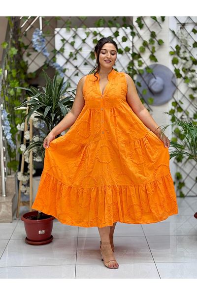 Punta Otantik Nc20366 Italian Embroidered Strap Coton Dress Orange