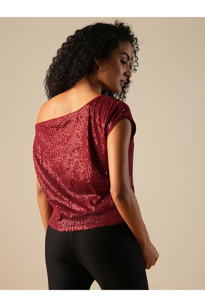 Globus By Styli Women Maroon Embellished Asymmetric Neck Top
