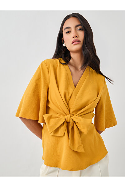 Styli Solid V-Neck Tie-Up Waist Blouse