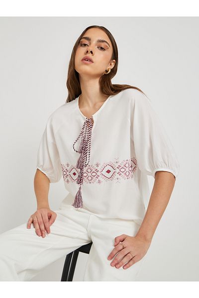 Styli Embroidered Puff Sleeve Top with Tie-Up Neck